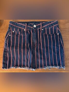 Striped American Eagle Denim Mini Skirt in Navy with Red & White Stripes